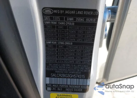 2016 Land Rover Discovery Sport Hse из США, поврежденный, VIN SALCR2BG3GH574315